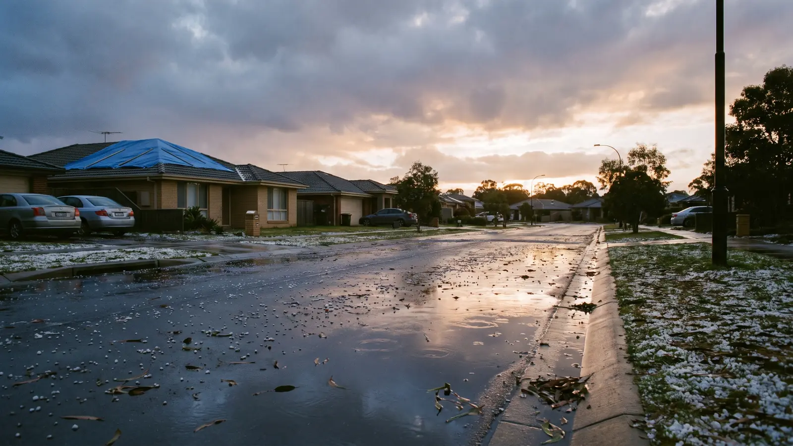 A suburban Australian street after a hailstorm with wet road, scattered hail in the gutter and a clearing sky