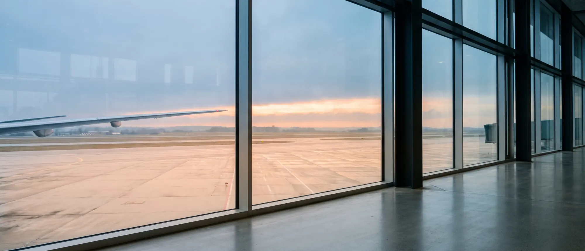 Dawn light through the glass of an Australian airport terminal with a wide blue grey sky and a band of apricot cloud on the horizon