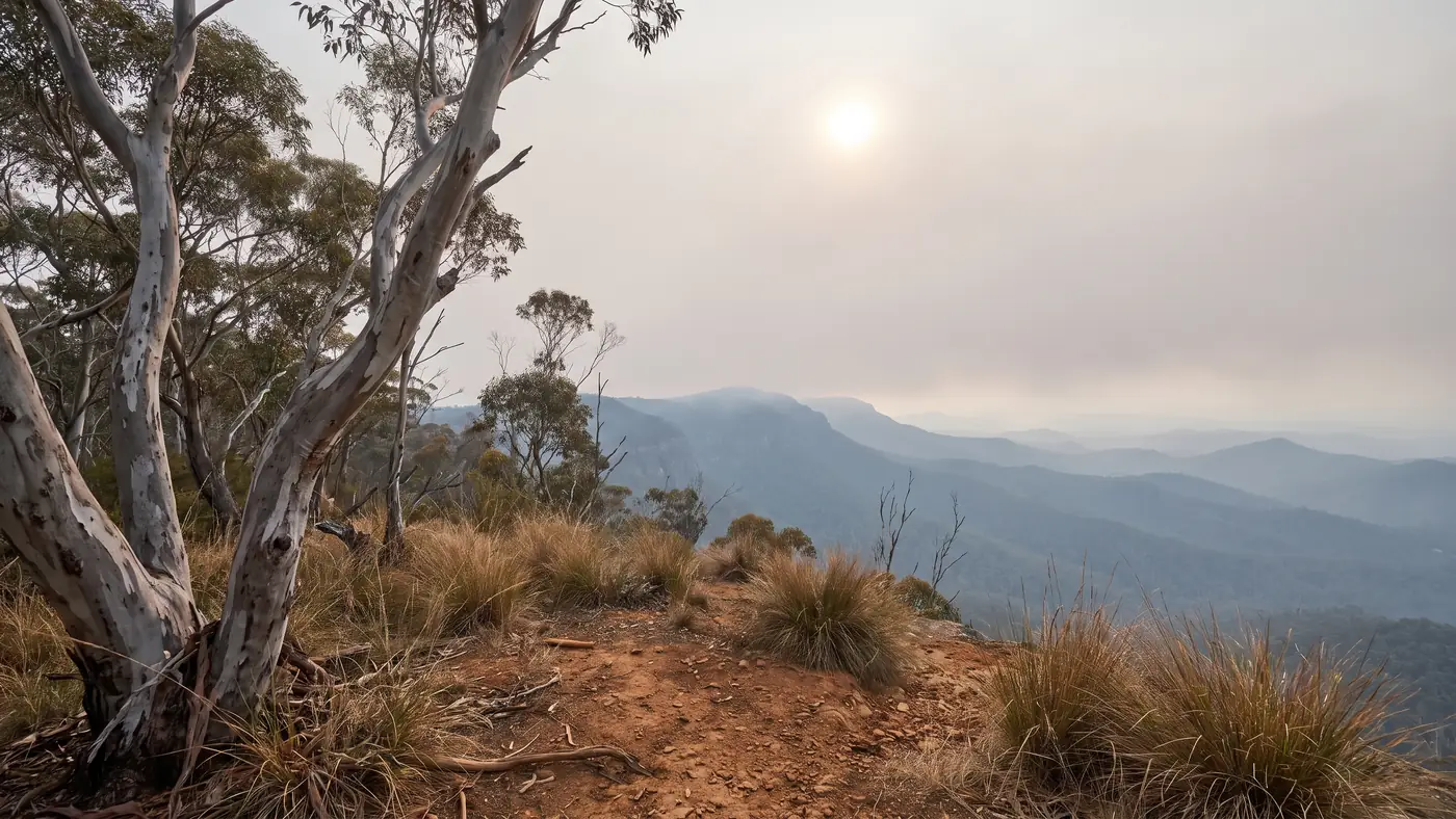 Dry Australian eucalypt bushland on a ridge with smoke haze turning the sun into a pale disc and blue grey ranges behind