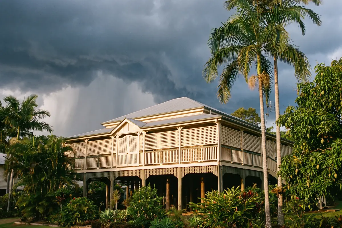 A classic Queenslander house raised on timber stumps with a wraparound verandah, lit by warm sun with dark cyclone cloud building on the horizon